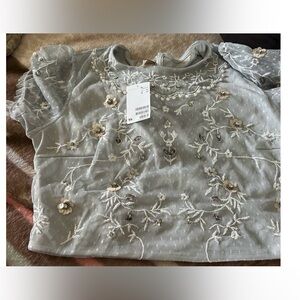 H&M Green Embellished Blouse with Peter Pan Collar